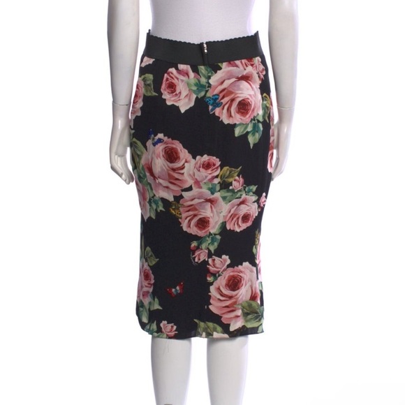 Dolce & Gabbana Silk Skirt Black Green Pink Floral Print Scalloped Grosgrain Zip - Picture 11 of 11